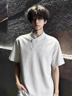 美式新款斜拉链立领t恤男款简约夏季设计感小众boxy短袖正肩痞帅
