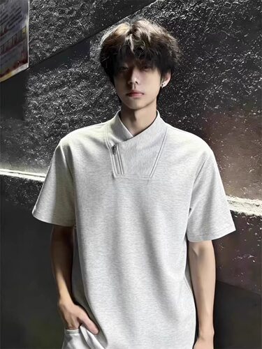 美式新款斜拉链立领t恤男款简约夏季设计感小众boxy短袖正肩痞帅