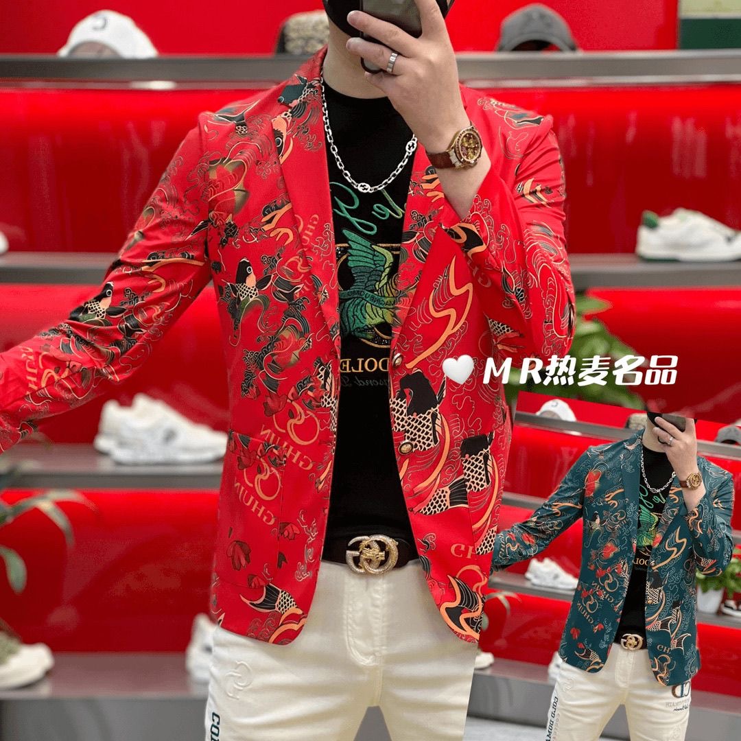 2025春秋新款百搭潮流西装弹力富贵锦鲤男士修身高端熨烫休闲外套