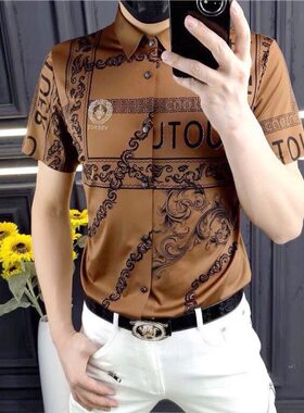 2026欧洲站印花衬衫男短袖夏季潮流时尚半袖男士薄款免烫衬衣寸衫
