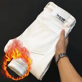 长裤 男士 男潮流大码 休闲百搭弹力修身 冬季 加绒加厚纯白色牛仔裤