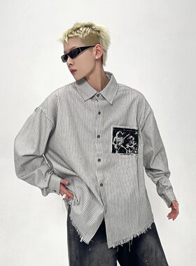 美式条纹设计感印花长袖衬衣2026秋季新款百搭时尚休闲宽松衬衫男