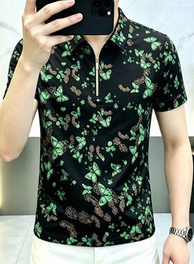 夏季男士新款翻领印花撞色半拉链短袖欧版时尚透气百搭半截袖上衣