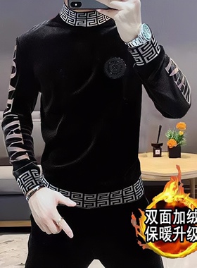 欧洲站半高领长袖内搭t恤男士秋冬打底衫修身内穿加绒卫衣网红潮