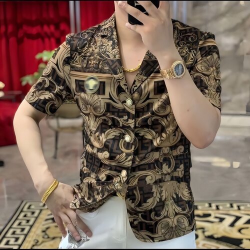 欧货夏季男装高品款时尚短袖T恤高端修身西装领潮流男士上衣衬衫