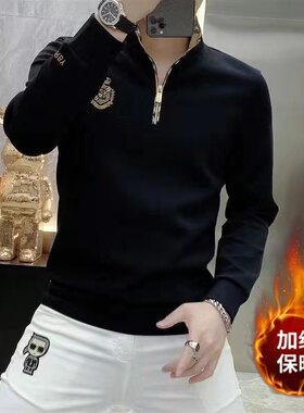 2026秋冬新品男士翻领半拉链长袖卫衣黑白色潮流套头上衣百搭长袖