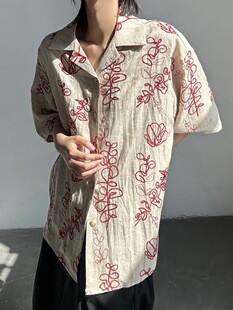 夏季新款百搭潮流新中式印花衬衫男士休闲宽松休闲ins复古衬衣服