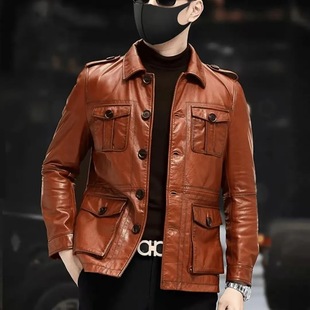 重工品质机车皮衣外套皮夹克修身猎装短款翻领多口袋秋冬新款男装