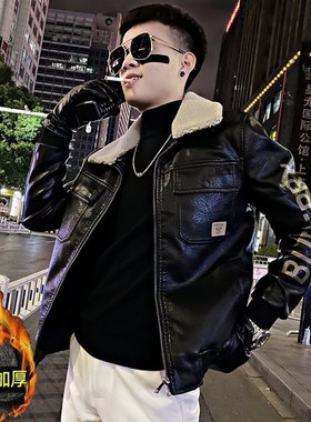 欧洲冬季可拆卸毛领加厚皮衣外套男修身加绒棉服时尚帅气保暖夹克