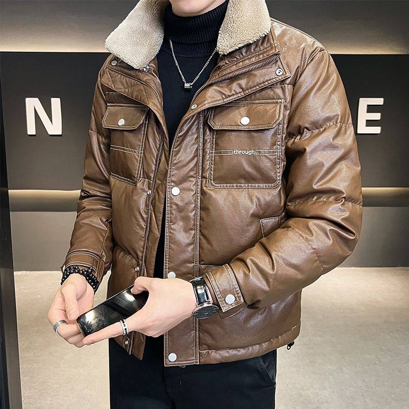 皮羽绒棉服冬季男士新款轻薄加厚帅气短款时尚仿羊羔毛领衣装外套