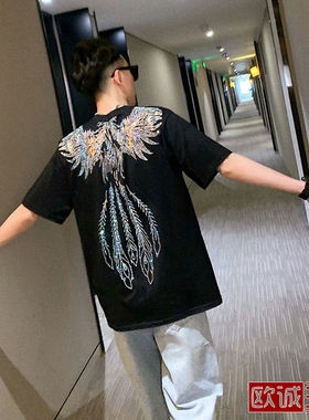 短袖ins超火潮牌烫钻凤凰t恤上衣精神小伙青春印花网红半袖体恤男