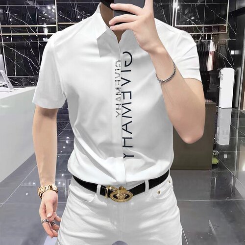 男士夏季新款衬衫潮流百搭简约纽扣开衫字母方领短袖开衫商务衬衣