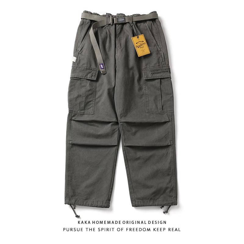 日系复古潮流纯棉水洗多袋工装裤男宽松直筒美式休闲阿美咔叽长裤