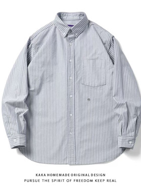 25SS日系小清新刺绣竖条纹衬衫男宽松廓形休闲长袖衬衣 潮cityboy