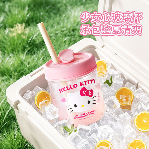 hellokitty玻璃杯夏季高硼硅杯子带吸管耐高温小巧便捷果汁水杯