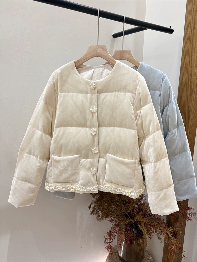 国风蝴蝶结羽绒服女金丝绒上衣2羽绒服