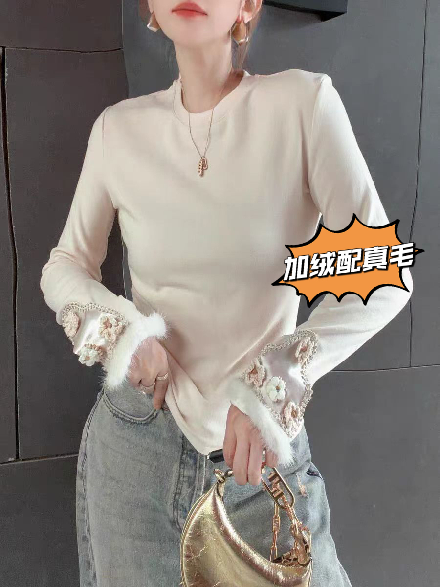 2025新双面绒配真毛高级感重工刺绣新中式圆领长袖T恤国风打底衫