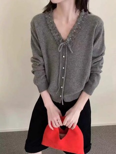 折扣 绵羊毛法式毛衣开衫女气质立体花朵宽松针织衫上衣