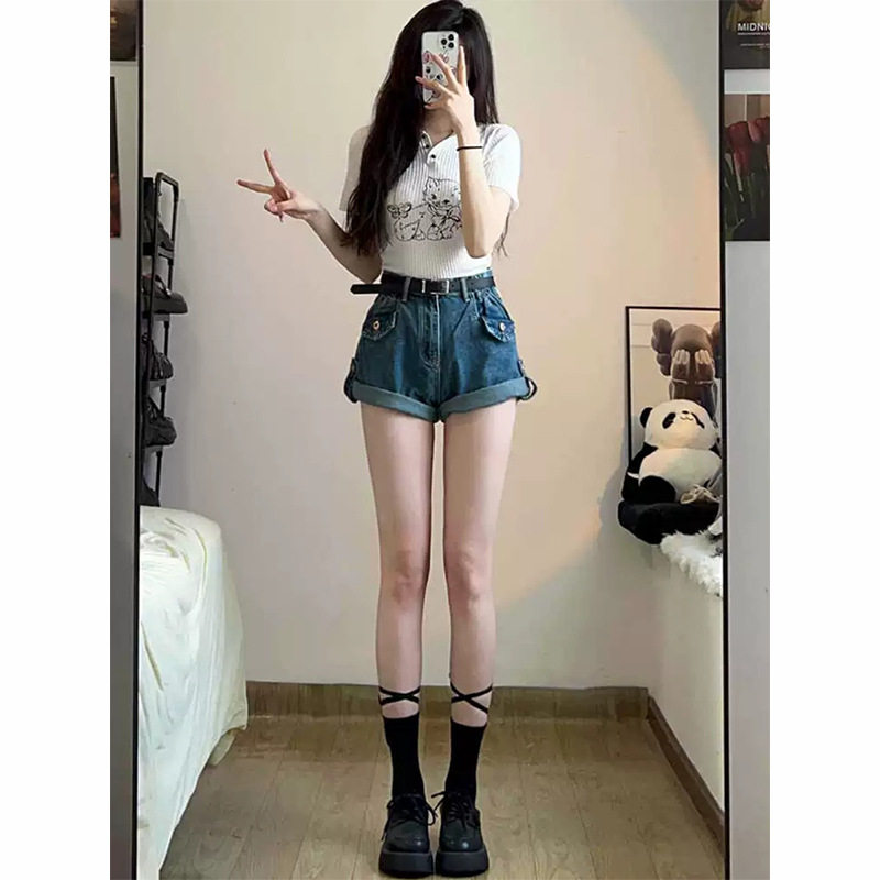 高腰卷边设计直筒牛仔短裤女生夏
