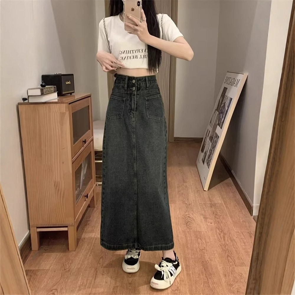 复古水泥开叉牛仔半身裙女春夏新