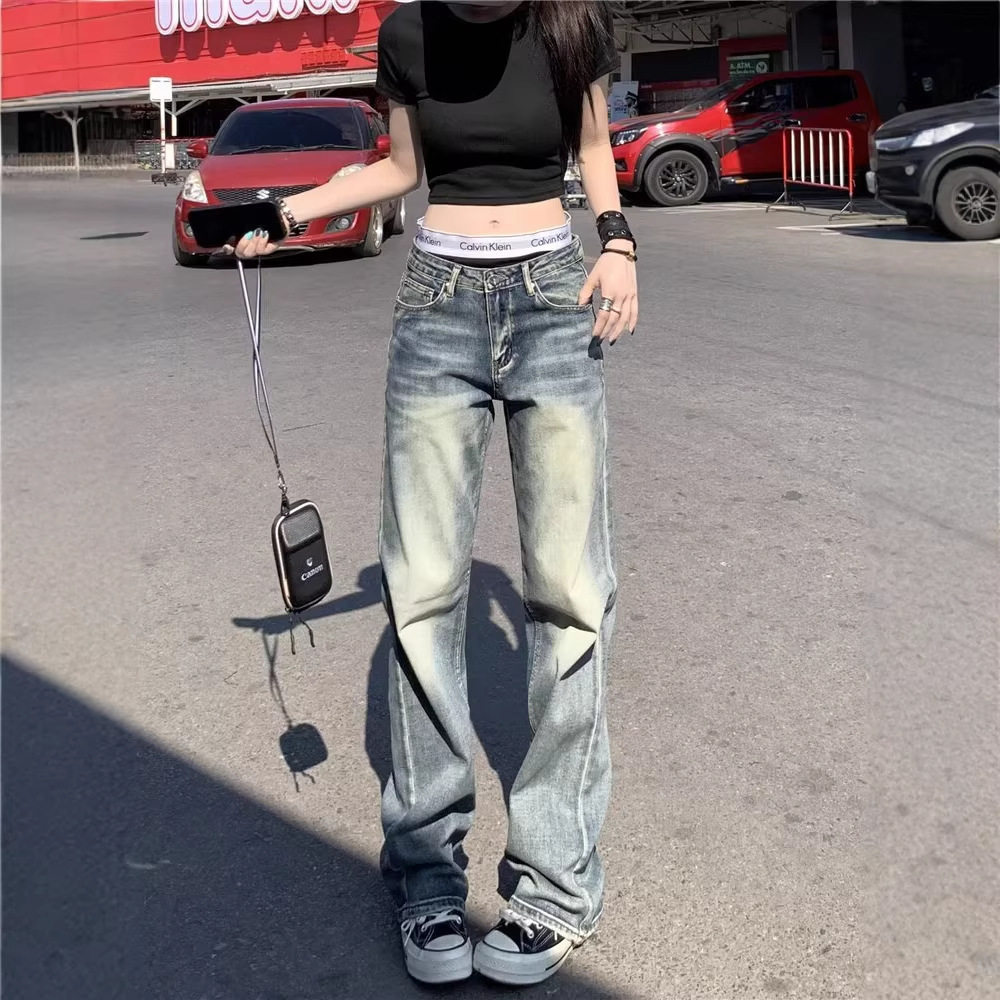 美式高街复古直筒牛仔裤女士韩版
