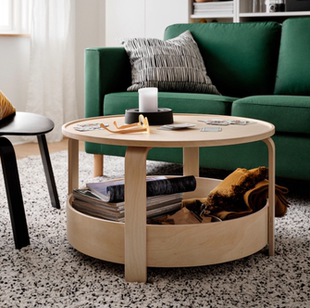 IKEA宜家伯格比桦木茶几家用圆桌客厅双层储物小型茶水桌国内代购