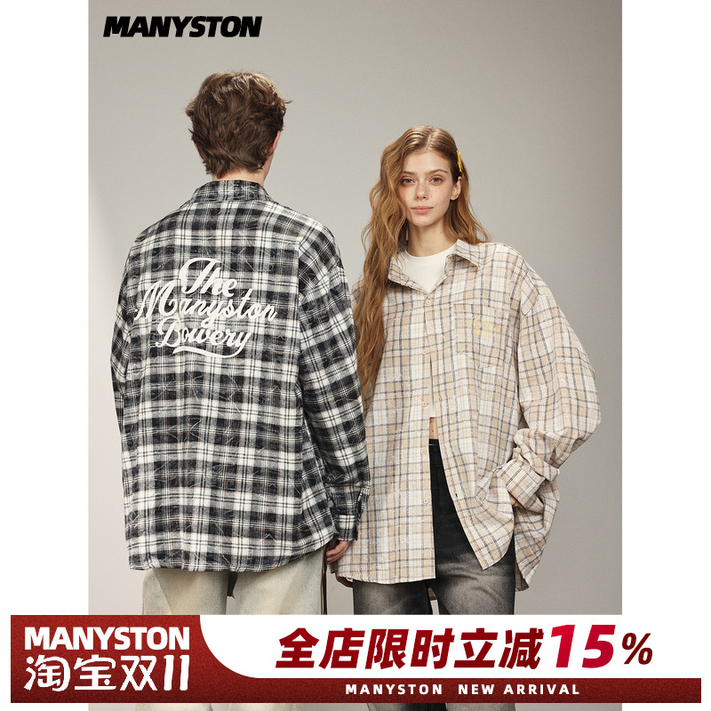 MANYSTON美式翻领格子衬衫外套男