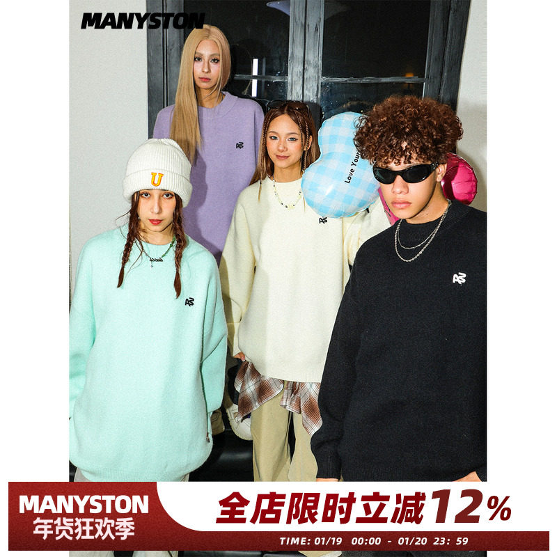 MANYSTON800G美式高街情侣毛衣春秋季圆领潮牌长袖针织衫男毛线衣,男装,针织衫/毛衣,淘宝优惠券,粉丝福利购,淘宝优惠卷