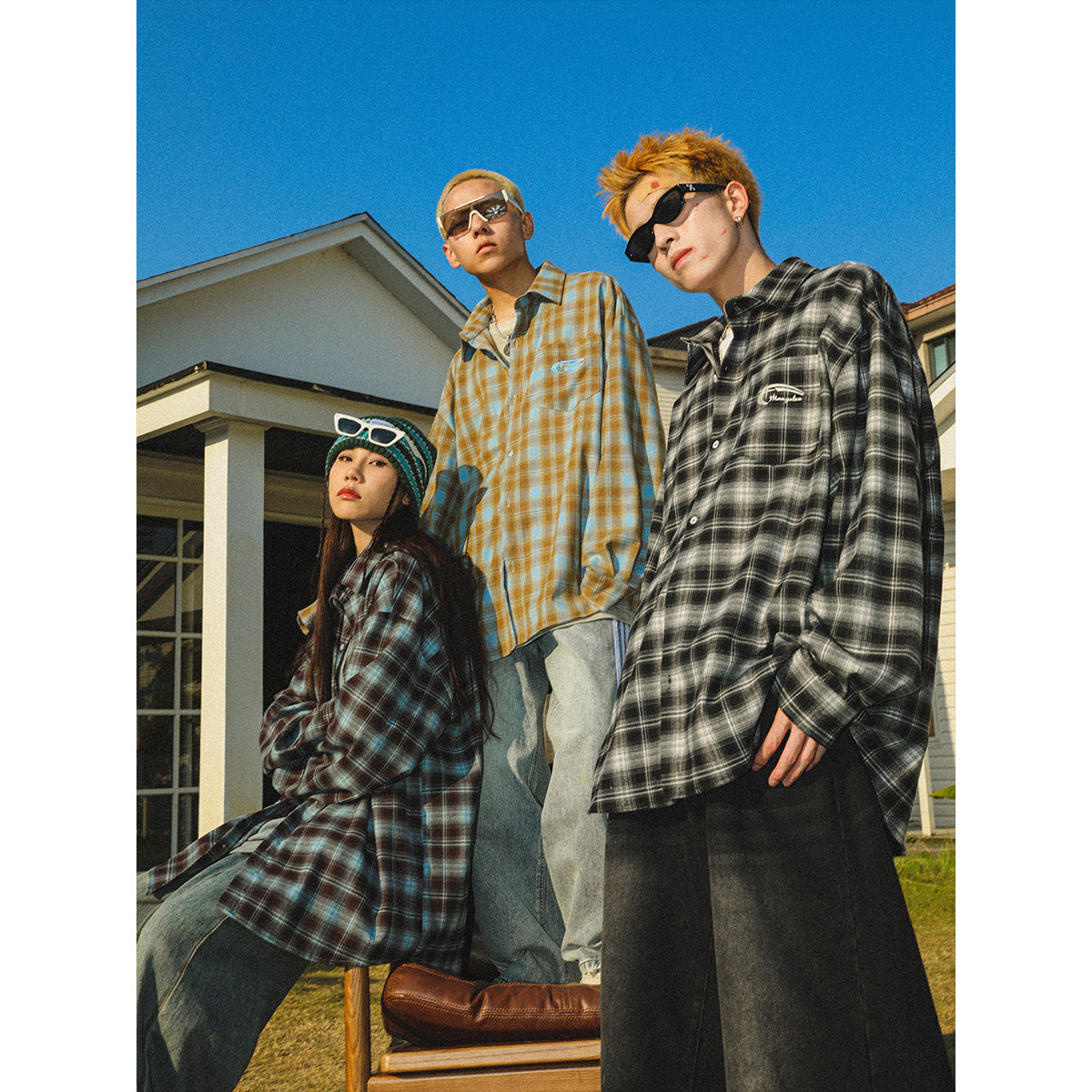 【李卿同款】MANYSTON美式复古格子长袖衬衫春季薄休闲衬衣外套