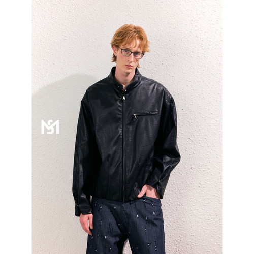 MANYSTON黑色立领PU机车男士夹克