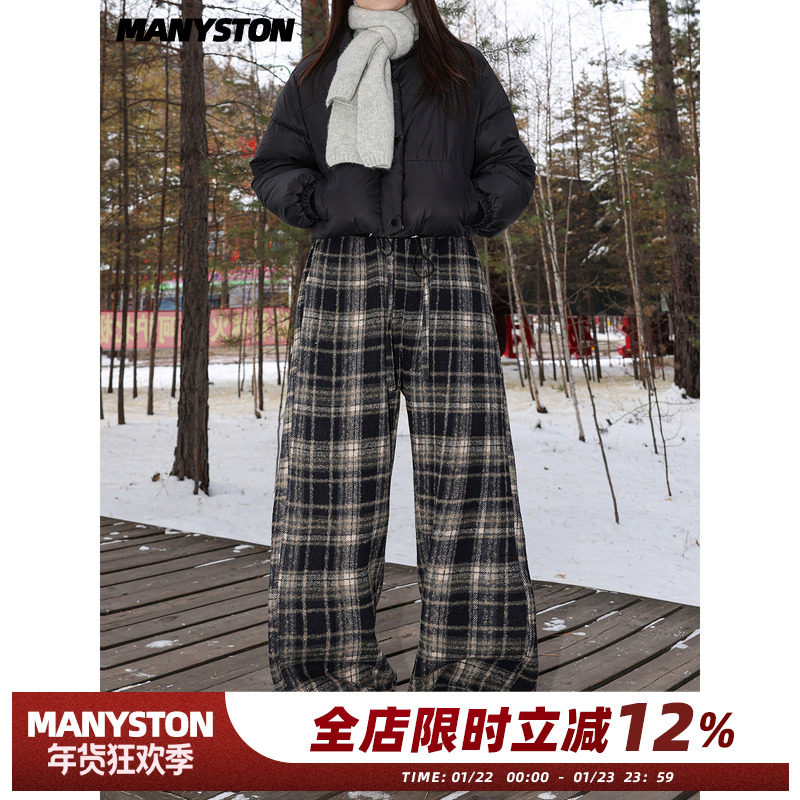 MANYSTON美式复古格子阔腿棉裤男冬季青少年直筒加绒保暖休闲长裤,男装,棉裤,淘宝优惠券,粉丝福利购,淘宝优惠卷