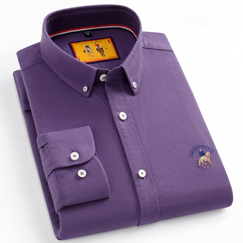 保罗春秋牛津纺纯棉磨毛长袖衬衫男士中青年百搭休闲全棉纯色衬衣