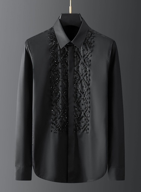 几何排列手工缝制石串珠修身长袖衬衫男设计感衬衣黑色夜场男装潮