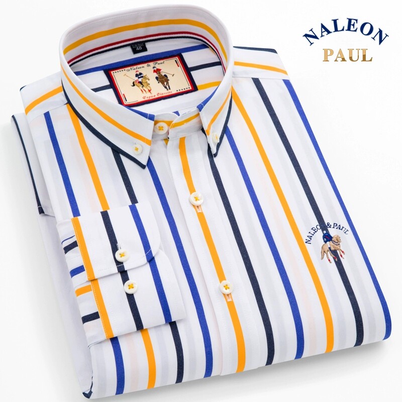 保罗长袖商务条纹衬衫男士春秋新款纯棉免烫休闲衬衣全棉上装男潮