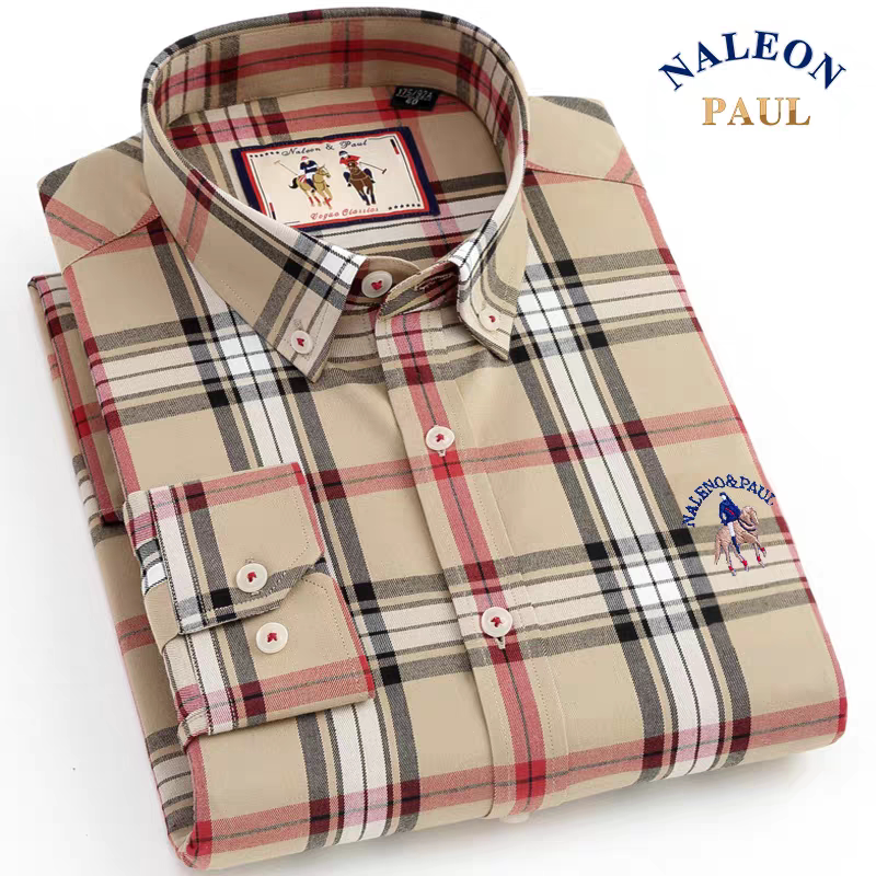 保罗纯棉磨毛格子衬衫男长袖春秋商务男装休闲格纹衬衣寸衫中青年