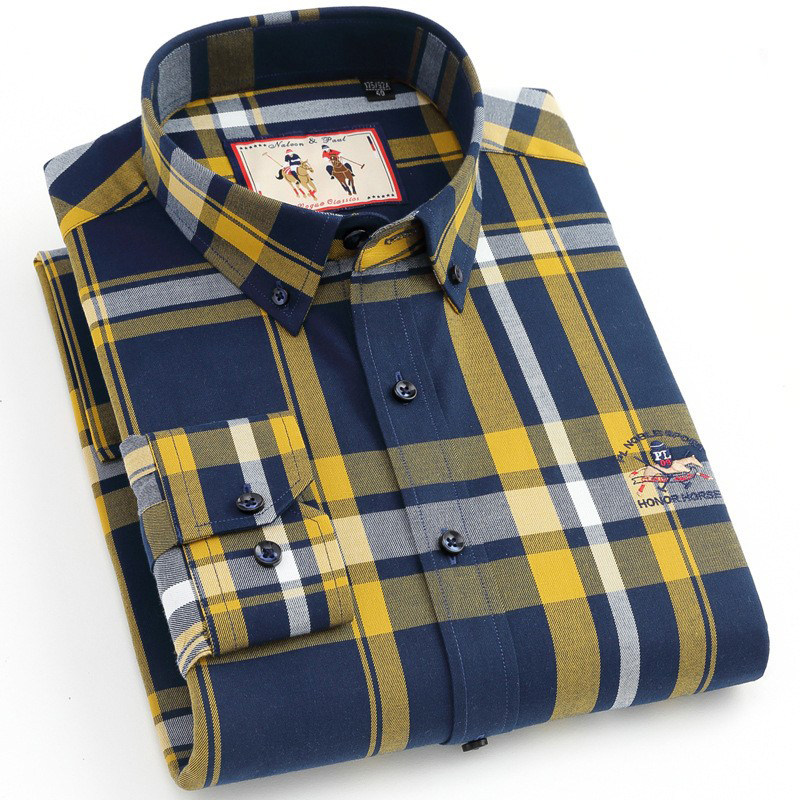 保罗纯棉格子长袖衬衫男磨毛中青年百搭商务休闲衬衣全棉格纹上衣