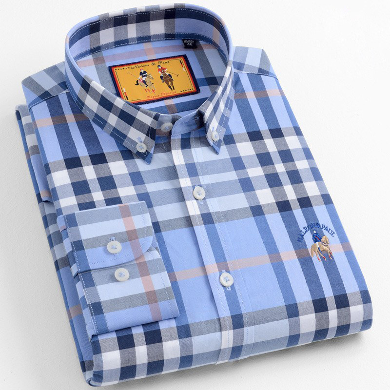 保罗纯棉长袖衬衫男士格子百搭商务休闲衬衣春季新款时尚潮流男装