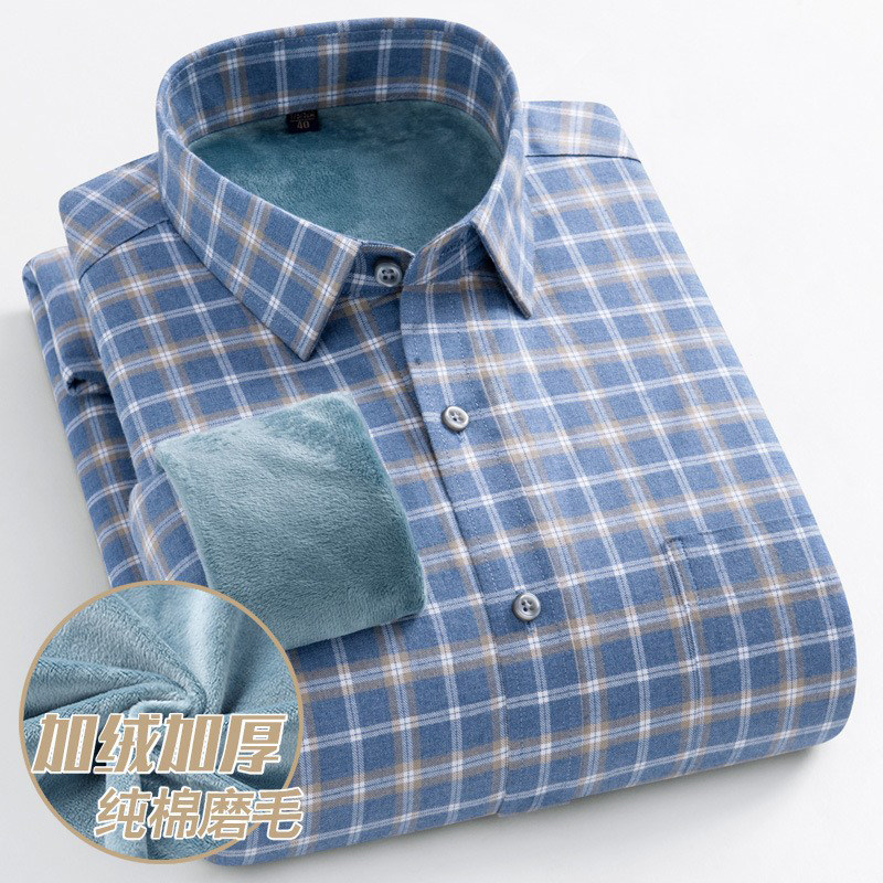 冬季保罗双层加绒加厚保暖衬衫男士格子纯棉磨毛长袖衬衣百搭休闲