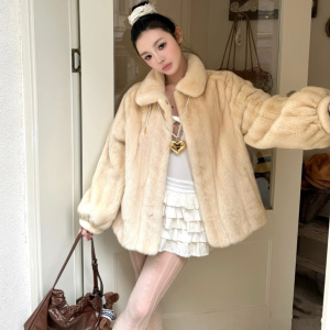 劳拉小姐 仿水貂毛宽松翻领皮草外套环保毛毛皮毛一体大衣女冬