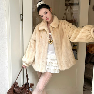 劳拉小姐 仿水貂毛宽松翻领皮草外套环保毛毛皮毛一体大衣女冬