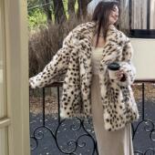 小雪豹 冬季 新款 加厚豹纹仿狐狸毛宽松中长款 环保皮草外套女