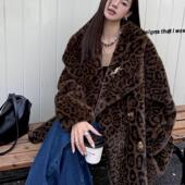 秋冬新款 豹纹毛毛加厚仿水貂绒翻领中长款 宽松皮草外套环保大衣女