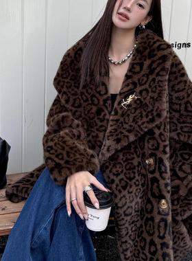 秋冬新款豹纹毛毛加厚仿水貂绒翻领中长款宽松皮草外套环保大衣女