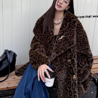 秋冬新款豹纹毛毛加厚仿水貂绒翻领中长款宽松皮草外套环保大衣女