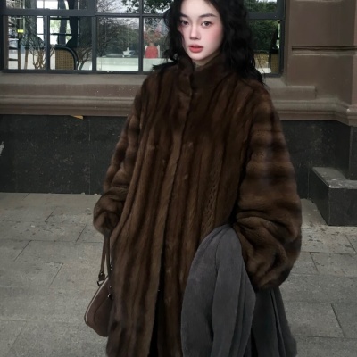复古格调中古仿水貂毛中长款皮草外套环保皮毛一体大衣女年轻款冬