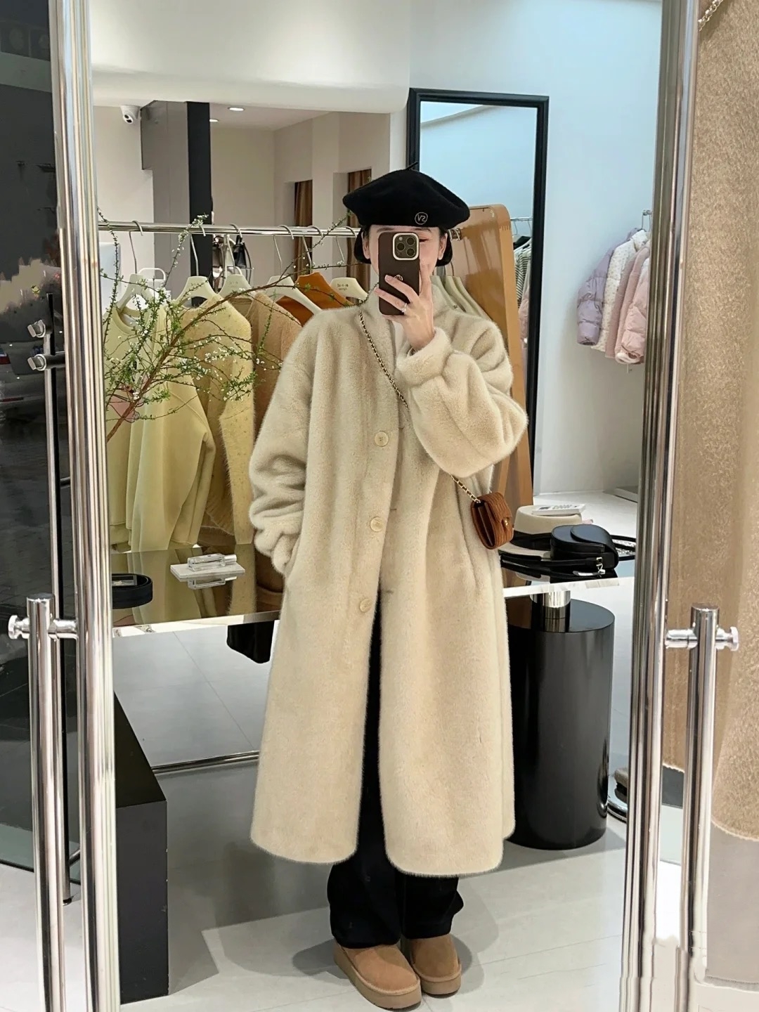 2024冬新款仿水貂毛V领开衫皮毛一体长款环保毛仿皮草外套大衣女