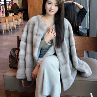 仿水貂毛中古横纹圆领环保皮草外套环保大衣女年轻款 2025冬季 新款