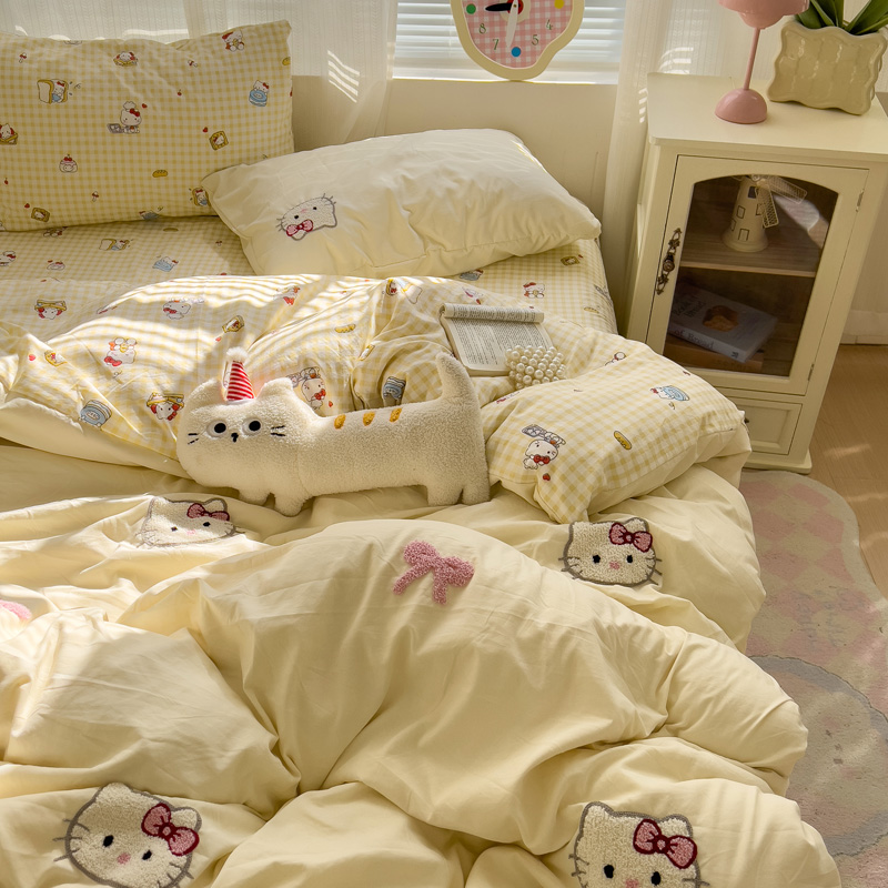 A类ins奶油黄少女KT猫毛巾绣水洗棉四件套非纯棉宿舍床单三件套4