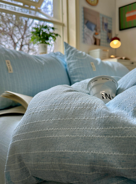 ins无印风蓝色纯色亚麻水洗棉床上四件套学生单人宿舍床单三件套