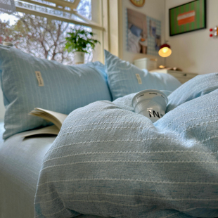 ins无印风蓝色纯色亚麻水洗棉床上四件套学生单人宿舍床单三件套